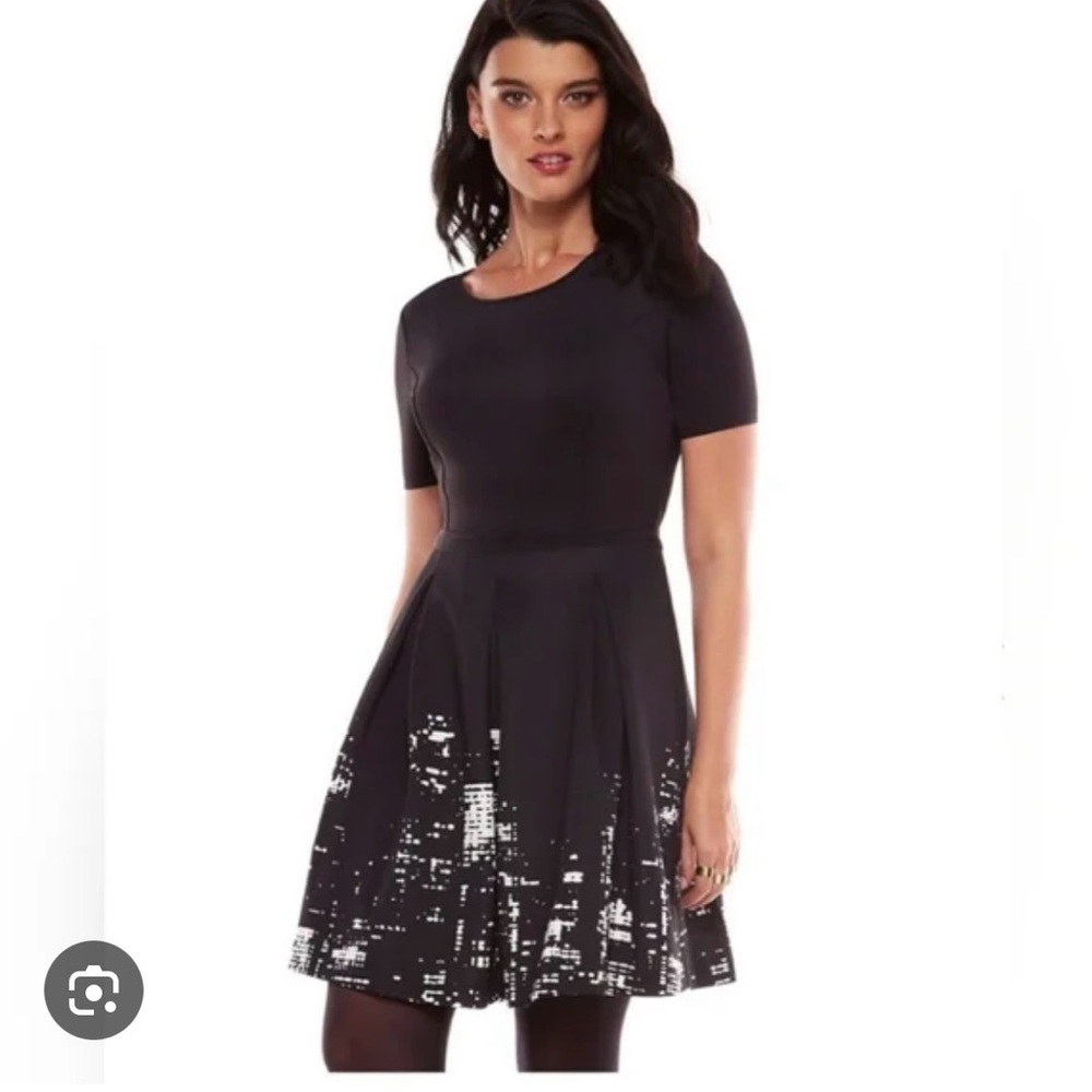 Ellie Tahari Black White Cityscape Fit Flare Short Sleeve Dress Size 12